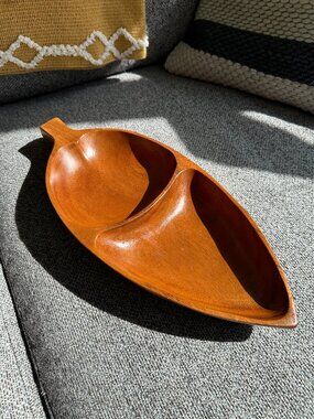 Vintage Leilani Monkeypod Wood Divided Leaf Tray - 15" Hand Crafted MCM